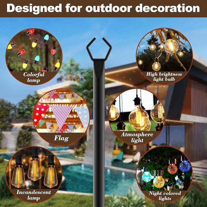 AILBTON 10Ft String Light Poles 8 Pack,Light Poles for Outside Lights,Outdoor with Fence Brackets Hanging Lights,Metal Stand Deck Patio Backyard