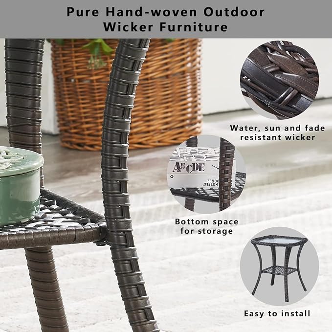 Belord Small Outdoor Side Table - Tempered Glass Wicker Table, Waterproof Patio Coffee Table Rattan End Table with Storage, Brown