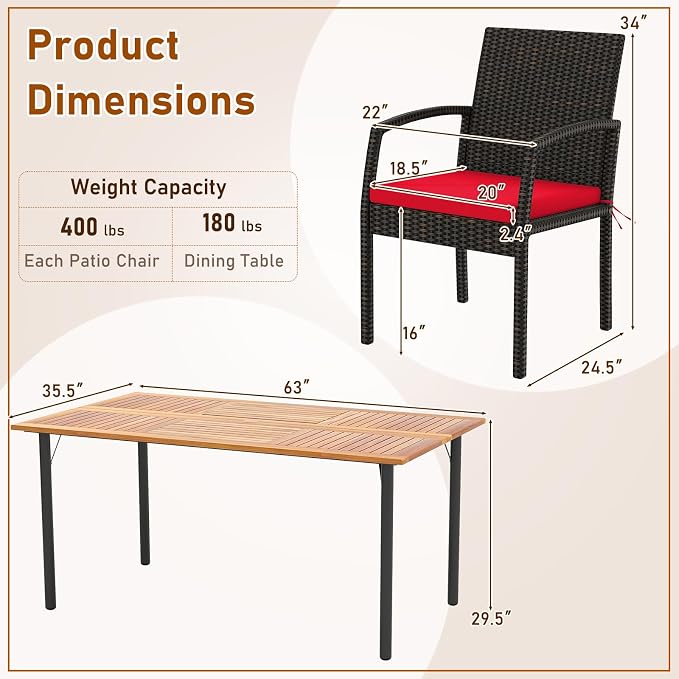 Tangkula 7 Pieces Outdoor Dining Set, Patio Acacia Wood Table and PE Rattan Chairs with Soft Cushions and 2” Umbrella Hole for Deck, Garden and Backyard