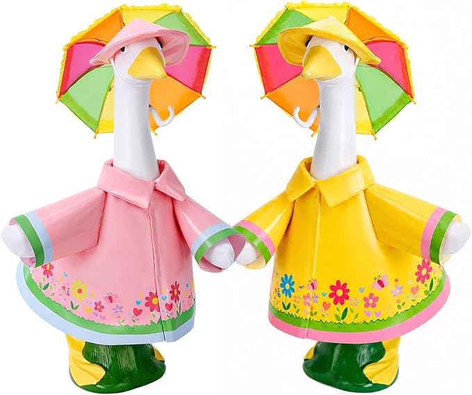 DECOHS 2 Set Raincoat Porch Goose Outfits, Summer Lawn Goose Statue Raincoat Costume, Yard Goose Clothes Raincoats Umbrella Hat Outfit for 23" Statue Patio Garden Decoration (Yellow & Pink)