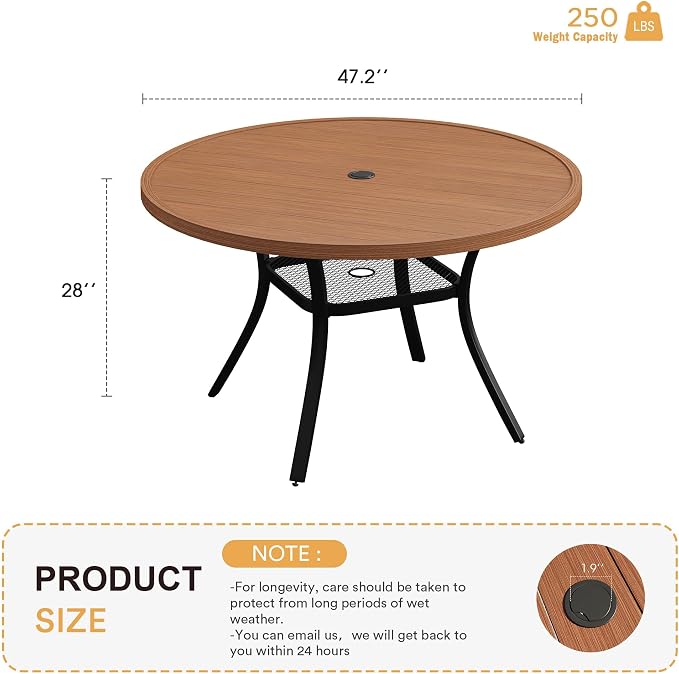 VICLLAX 47.2" Round Patio Table for 6, All Weather Metal Outdoor Dining Table with Adjustable Umbrella Hole, Walnut Wood-Like Tabletop