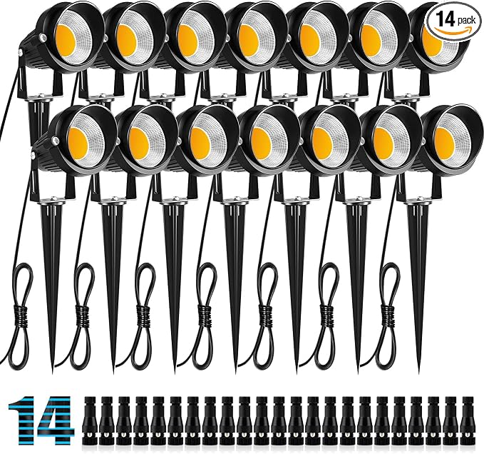 ZUCKEO 10W Low Voltage Landscape Lights LED Landscape Lighting with Connectors, 12V Outdoor Spotlights Yard Garden Pathway Lights, 1000LM Waterproof Warm White Light (14 Pack)