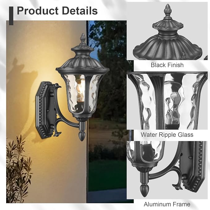 Outdoor Light Fixtures Wall Mount, Waterproof Exterior Wall Lanterns with Waer Ripple Glass, Outside Sconces, Front Porch Lights for House Garage Doorway Patio, 15'' Small Black