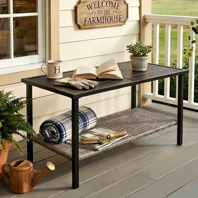 COOS BAY Sunset Haven Outdoor Patio Coffee Table, Rectangle Outdoor Coffee Table with Double-Tier Storage, Wicker Patio End Table, 35.4"x18.1"x18.5", Brown