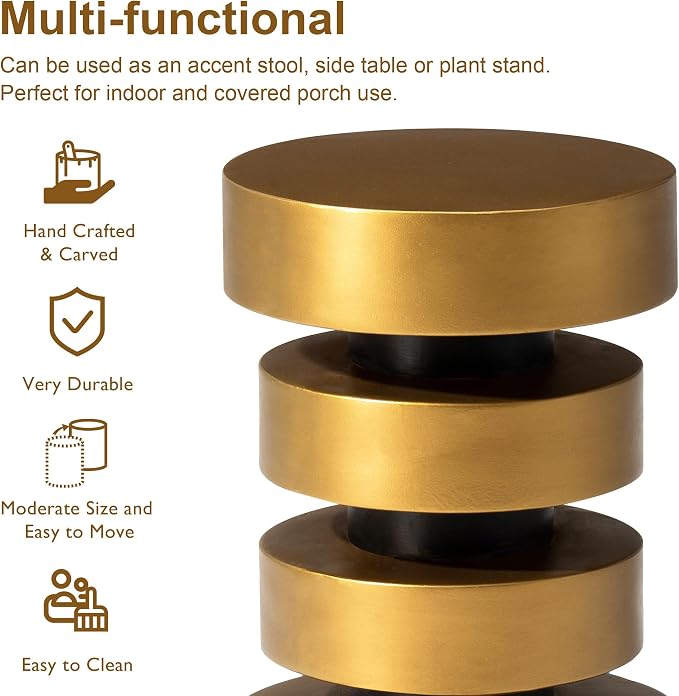 Glitzhome Modern Indoor Outdoor Side Table 18" H, MGO Antique Gold Side Table, Unique Floating Disks Round End Table, Decorative Accent Stool for Garden Outdoor Living Room Bedroom Sofa Home Decor
