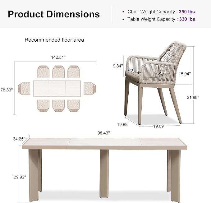 PURPLE LEAF 9 Pieces Patio Dining Set Aluminum Modern Rectangular Table and Rattan Arm Chairs with Cushions for Kitchen Porch Garden Outdoor Furniture Sets, Champagne