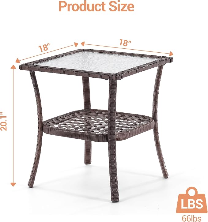 18'' Outdoor Side Table with Tempered Glass Top, Rattan Side Table with Storage, Square Wicker End Coffee Table for Patio Outside Balcony Porch Deck, Brown
