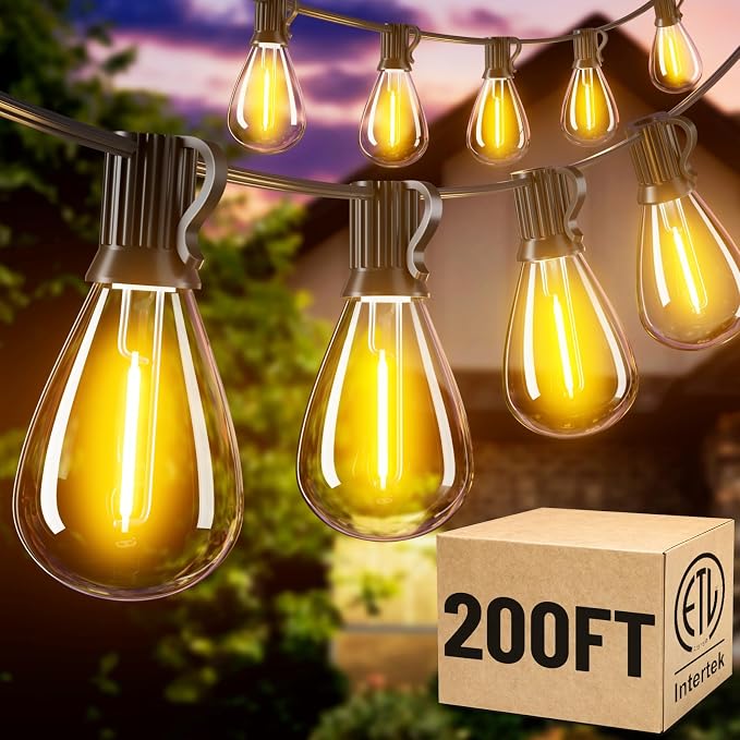 200FT LED Outdoor String Lights with 60+2 Edison Shatterproof Waterproof Bulbs, 2700K Commercial Grade Patio Lights, Heavy Duty Outside Hanging for Garden Porch Deck Decor
