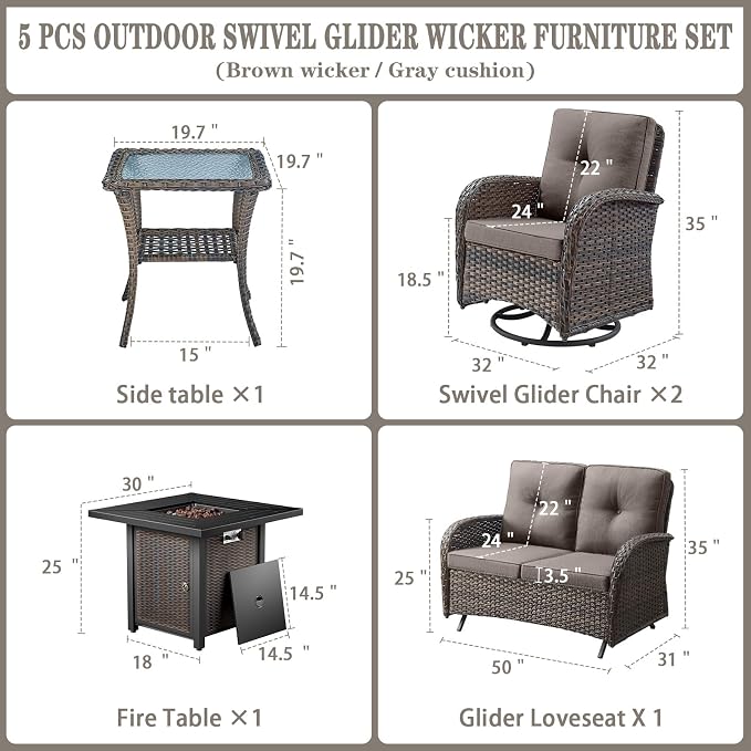 Belord 5 Pieces Patio Furniture Set with 30” Propane Fire Pit Table, Deep Seating Swivel Rocker Glider Outdoor Chairs Set of 4 with Side Table Set of 2 Patio Conversation Set Brown Wicker