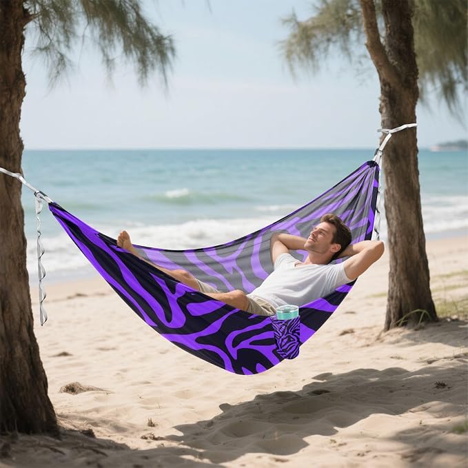 Purple Black Print Camping Hammock, 330lbs Load Capacity, Comfortable Portable Hammock with Tree Straps for Outdoor, Backyard, Beac