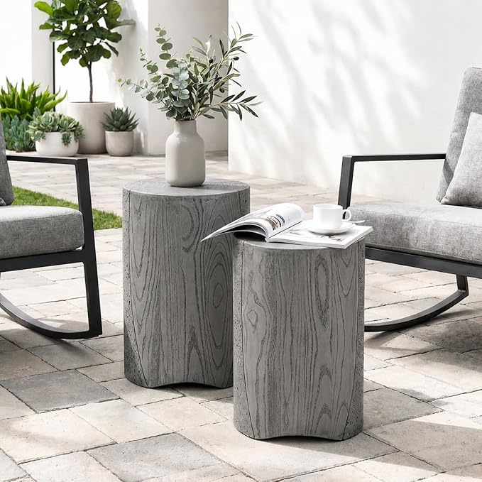 SUNBURY Outdoor Side Table, Set of 2 Round Concrete Side Table Nesting for Patio, Outdoor Decorative Accent End Table in Wooden Pattern, Ceramic Garden Stool for Yard, Pool, Grey