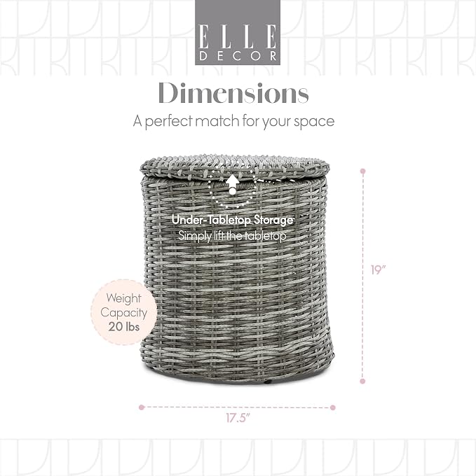 Pemberly Row Outdoor Side Table with Storage, Gray Hand-Woven All-Weather Wicker, Round Accent Table, 18 in Wide Top, 19 in Deep Storage, Adjustable Feet for Patio or Terrace Use