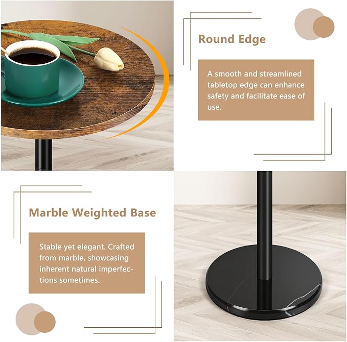 OYEAL Drink Side Table Small Round Cocktail Table for Patio Outdoor Pedestal Side Table Coffee Table with Black Marble Base for Sofa Couch, Rustic Brown & Black