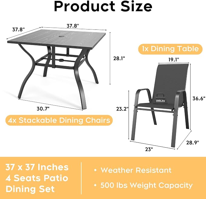 5 Pieces of Outdoor Dining Set - Square Patio Table with Umbrella Hole and 4 Stackable Dining Chairs All-Weather for Garden, Deck, and Poolside (Black, 38“L x 38“W x 28"H Square Dining Table)