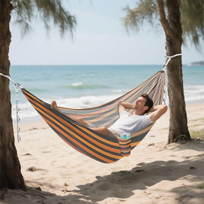 Camping Hammock Outdoor Hammocks for Outside Gray Orange Stripe Beach Trees Portable Lightweight with Pockets Tree Straps Indoor