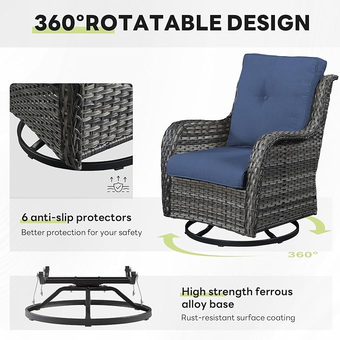 Outdoor Swivel Rocker Patio Chairs Set of 4 with Sofa - 5" Thick Cushion 4 Piece Furniture Set with Sofa All Weather Wicker Conversation Set for Porch Deck - Grey-Blue