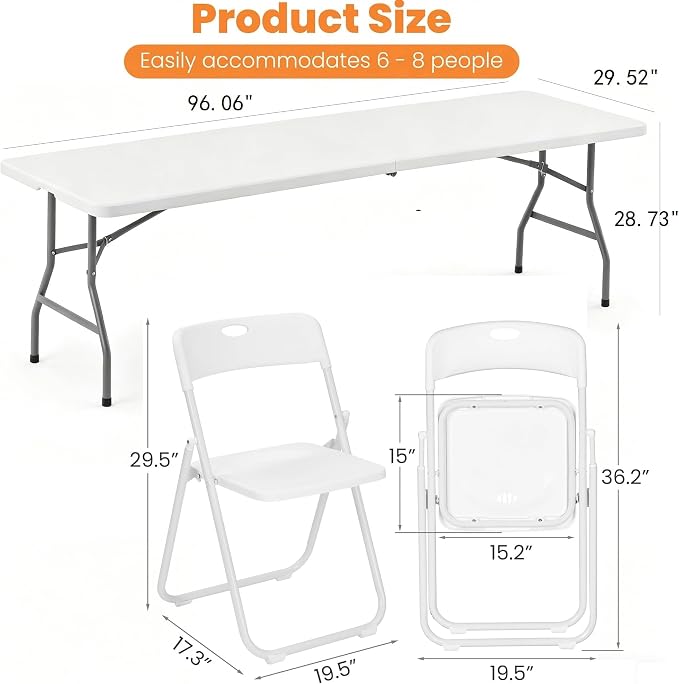 8 FT Plastic White Folding Banquet Table Chairs Set, Outdoor Portable Foldable Table Chairs for Picnic, Game, Camping, Dining, Wedding, Craft, Commercial Event Use