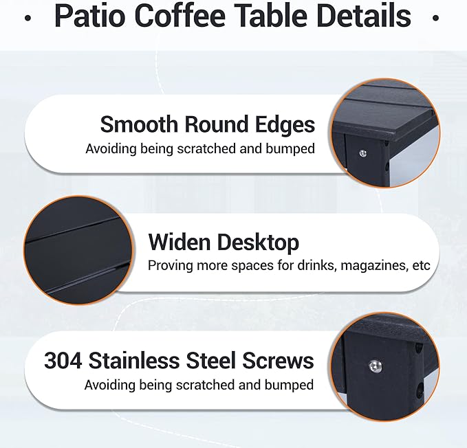 HDPE Outdoor Coffee Table, Rectangle Patio Coffee Table, All-Weather Side Table for Balcony, Poolside, Deck, Garden, Black, 37.7''L x 20.8''D x 17.7''H
