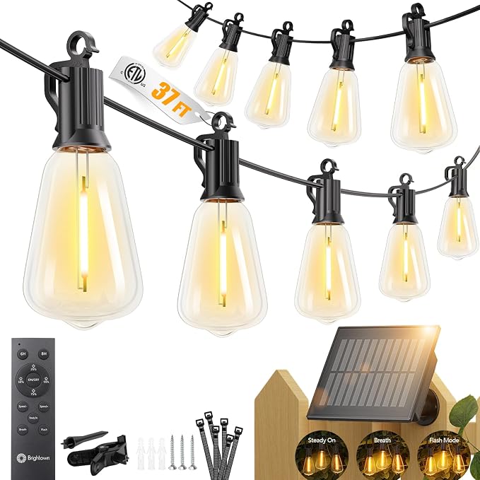 Brightown 37FT Solar String Lights Outdoor, 10+1 Shatterproof LED Lights | Waterproof, Remote Control, Dimmable, Timer, 3 Light Modes Solar Lights for Yard, Camping, Parties and Outdoor Decor