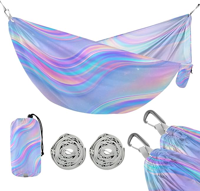 Iridescent Holographic Glitter Wallpaper Outdoor Hammock with Portabl Carry Bag Swing Hammock for Camping Travel Accessories