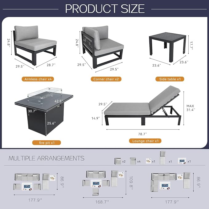BULEXYARD 9 Piece Large Contemporary Aluminum Outdoor Furniture Set with Sun Bed & Fire Pit Table, 29 inch Deep Couch Set, 500 lbs High Weight Capacity, Patio Sectional Sofa for Poolside, Light Gray