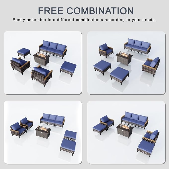 8 Pieces Outdoor Patio Furniture Set, Wicker Rattan Conversation Set with Fire Pit Table and Foot Rest, Sectional Modular Sofa Couches Chairs Ottomans for Deck, Balcony, Backyard, Yard (Blue Cushions)