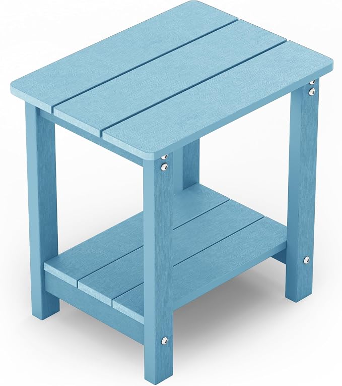 MXIMU Outdoor Side Table 2 Tier: Heavy-Duty Sturdy Warp Resistant Adirondack Table - Wood Grain Finish Outdoor End Tables - Easy Assembly & Low Maintenance Patio Side Table Blue