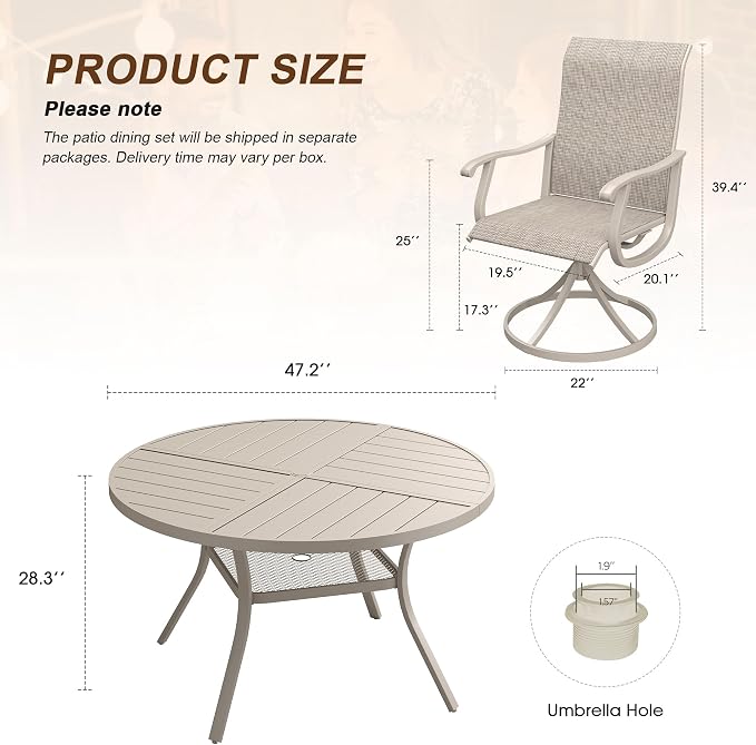 VICLLAX Patio 7 Pieces Outdoor Dining Set, 47.2" Round Metal Table with Umbrella Hole and Storage Shelf, 6 Swivel Textilene Chairs for Lawn, Garden, Porch, Sandshell