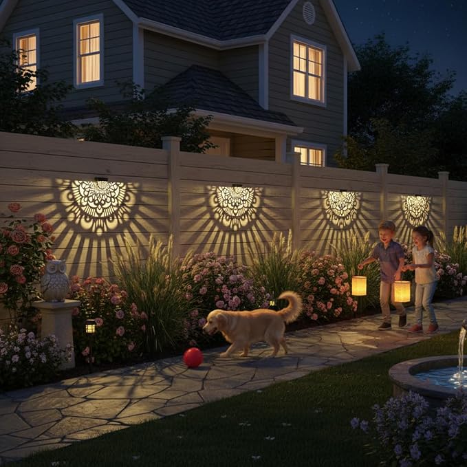 6 Pack Solar Fence Lights Outdoor Wall Lights Black Plastic Solar Powered Deck Step Stair Lights Mandala Theme Waterproof Fence Solar Light for Garden Post Patio Backyard Yard Decor