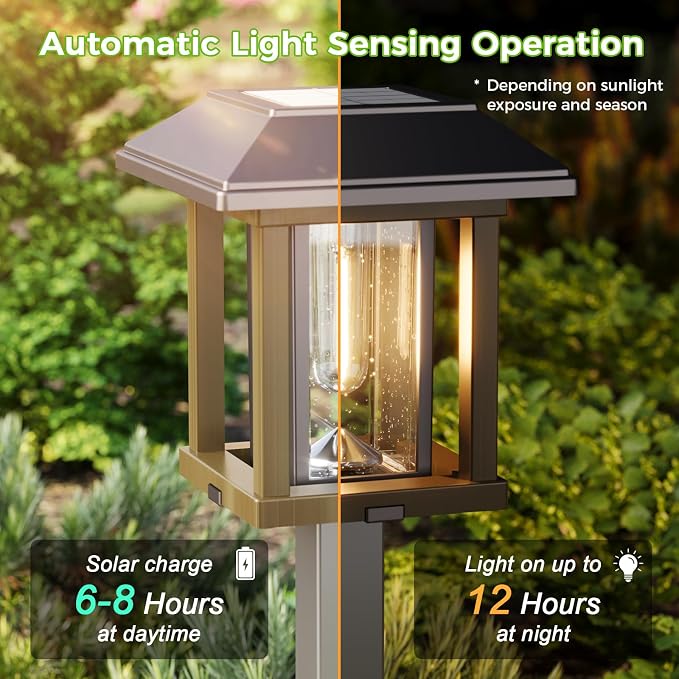 XMCOSY+ 4-Pack Solar Pathway Lights Outdoor, 25 Lumens Solar Garden Lights | IP65 Waterproof Seeded Glass & Metal Stakes, 2-Tone Vintage Edison LED Landscape Lighting for Yard, Patio, Walkway & Driveway