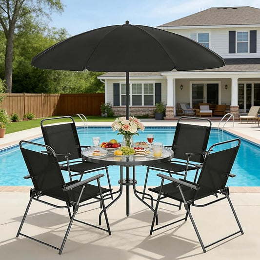 Shintenchi 6 Piece Outdoor Patio Furniture Set, Small Outdoor Patio Dining Table and Chairs Set, Outdoor Seating with Umbrella for Backyard, Balcony, Front Porch, Onyx