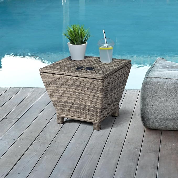 Outdoor PE Wicker Side Table with Storage, 13 Gallon Patio Storage Bin Container for Hose Cushion Towel, Gradient Rattan End Table for Backyard Garden Deck, 112 lbs Capacity, Gray