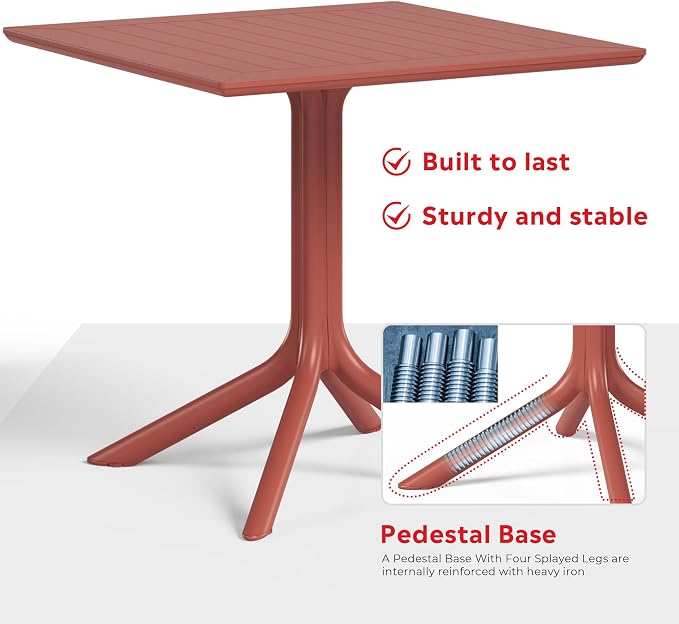 Costaelm Patio Dining Table for 4, Square PP Patio Table, 4-Person Weather Resistant Deck Table for Porch Poolside Lawn Garden Backyard, Red