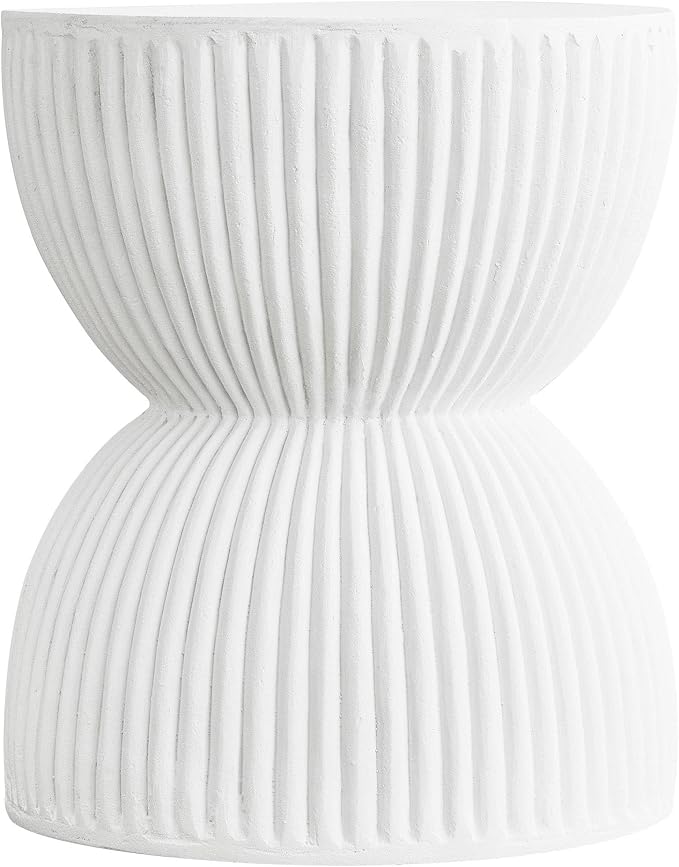 LeisureMod 15" Round Hourglass Fiberstone Side Table, Modern Accent End Table for Indoor Outdoor Use, Durable Small Table for Living Room, Patio, Balcony, or Garden - White