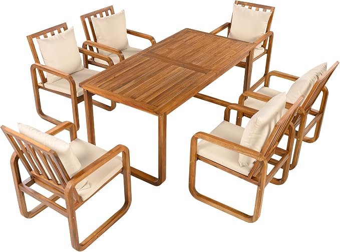 VilroCaz 7 Pieces Outdoor Patio Dining Set, 67'' Rectangle Acacia Wood Table and 6 Armchair, All-Weather Dining Set with Removable Cushions for Garden Backyard Lawn (Brown-2.13)
