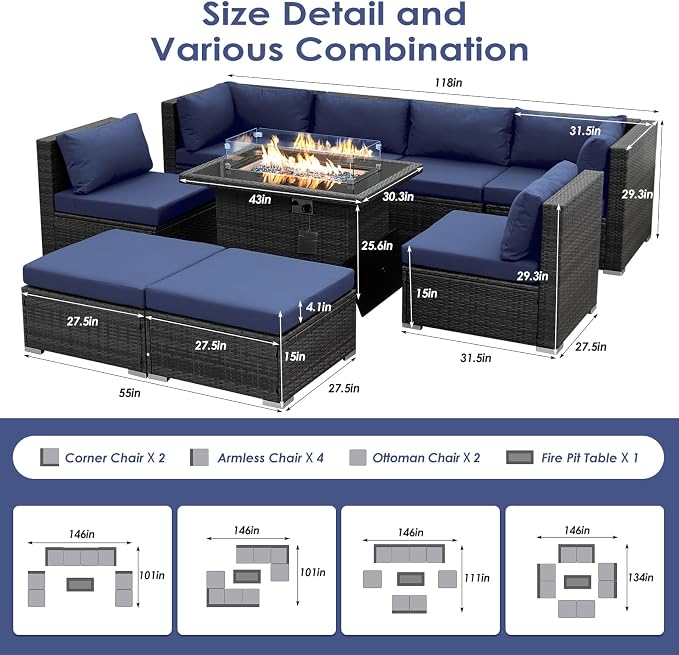 BULEXYARD 9 Pcs Highback Patio Furniture Set with Firepit, High-End Outdoor Sectional Couch with Ottoman 8-Seats, Cozy Comfy Wide Deep Deck Seating Group Conversation, Grey Rattan & Navy Blue Cushion