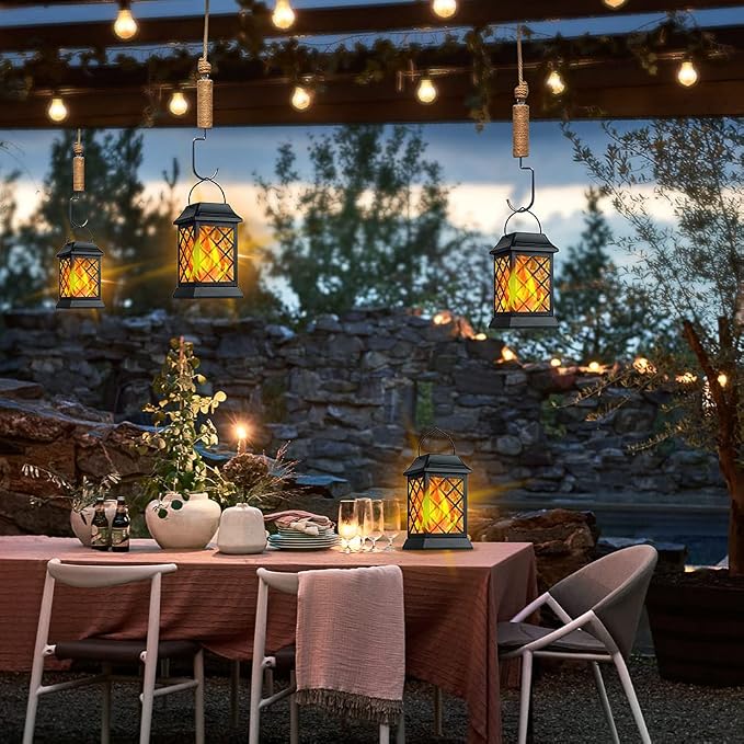 TomCare Flickering Flame Solar Lights Outdoor Metal Hanging Lantern, 2 Pack | Realistic Flame Effect, Charges in 6-8 Hours, 10-12-Hour Runtime, IP65 Waterproof, Auto On/Off for Patio, Garden and Porch