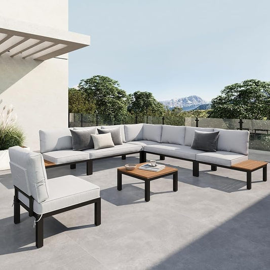 Sophia & William 7 Piece Outdoor Patio Furniture Set, Metal Sectional Sofa Patio Conversation Set with Cushions-2 x Single Sofa with Side Table, 2 x Single Chair, 2 x Loveseat, 1 x Tea Table