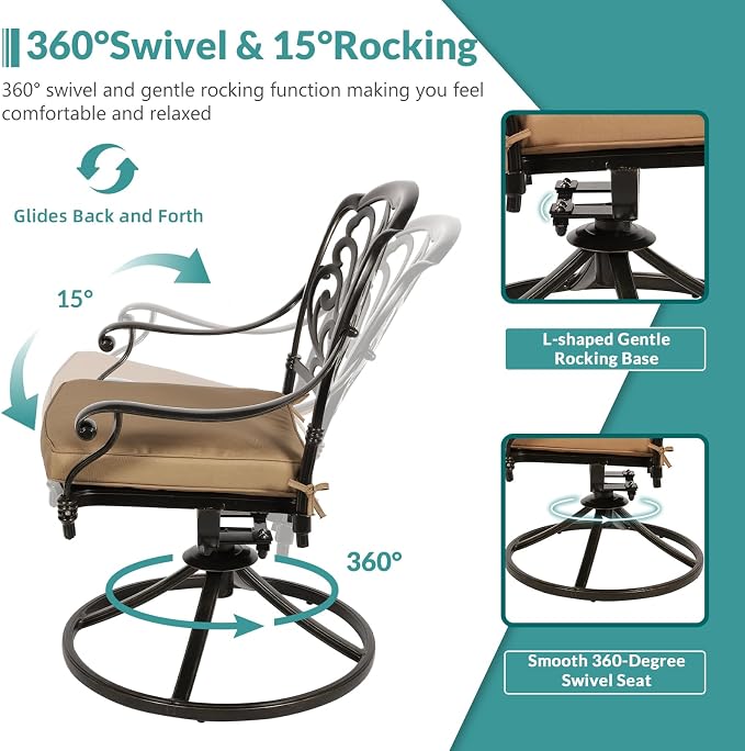 MEETWARM 9-Piece Outdoor Patio Dining Set for 8, All Weather Cast Aluminum Patio Funiture Table and Chairs Set- Large 64" Square Table and 4 Swivel Rocker Chairs, 4 Stationary, Umbrella Hole, Khaki
