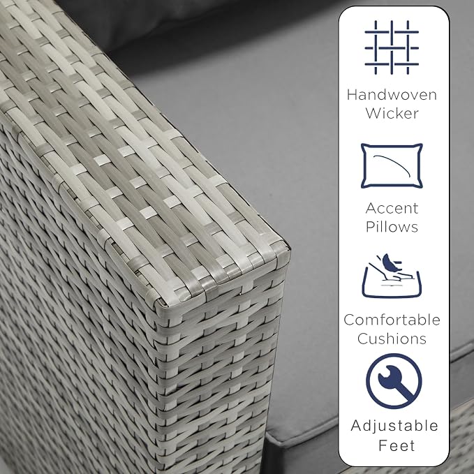 7-Piece Outdoor Patio Furniture Set, Gray PE Rattan Sectional Sofa with Light Grey Cushions and Steel Frame, Coffee Table Included, Modular Outdoor Conversation Set for Patio Garden Poolside