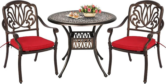 Grepatio 3 Piece Bistro Set Outdoor Cast Aluminum Patio Dining Set Table and Chairs Outside Bistro Furniture 2 Chairs and 1 Umbrella Table for Lawn Garden (Red)