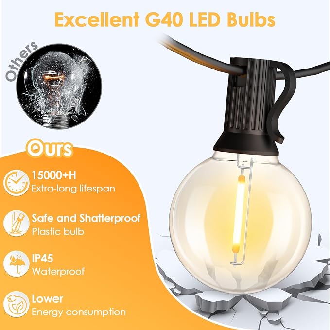 4 Pack 25FT G40 LED Outdoor String Lights with 10+1 Bulbs, Black | Waterproof, Shatterproof, Dimmable, Connectable, Energy-saving, Patio Lights Porch Balcony Backyard Party Classroom Decor