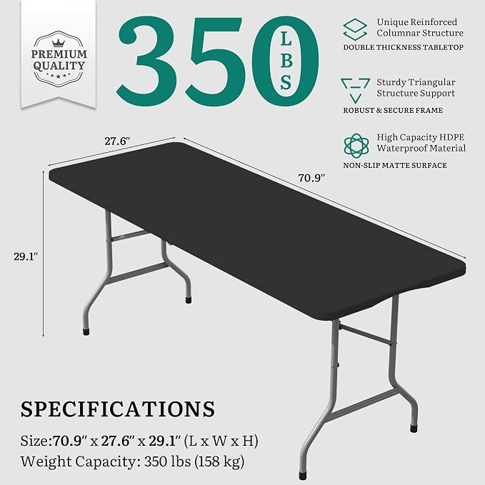 YITAHOME 6ft Folding Tables Heavy Duty Folding Table with Carrying Handle Plastic Fold up Table for Outdoor Camping Picnic Parties/Indoor Events All in Black