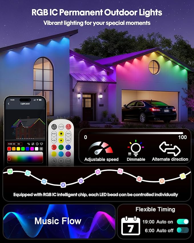 Super RGB Smart Permanent Outdoor Lights, 200FT 120LEDs Color Changing RGB IC Wall Lights, APP & Remote Control, Music Sync, Dynamic Lighting for House, Living Room, Ceiling, Eave Party Xmas Decor