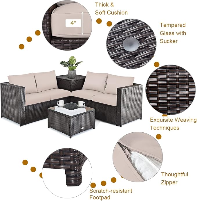 COSTWAY 5 Piece Patio Furniture Set with 30'' Fire Pit Table, Outdoor Wicker Rattan Loveseat Sofa with 4'' Thickened Cushions, 2 Side Tables, Sectional Conversation Set for Backyard (Beige)