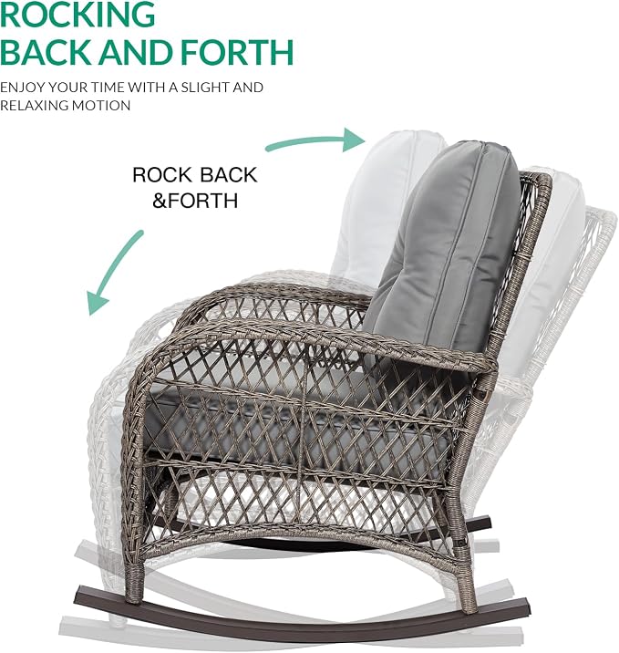 VIVIJASON 7-Piece Outdoor Patio Wicker Conversation Sets, All Weather Outdoor Rattan Furniture Set Includes Glider Loveseat, 2 Rocking Chairs, 2 Swivel-Gliders Chairs, 2 Coffee Table, Grey