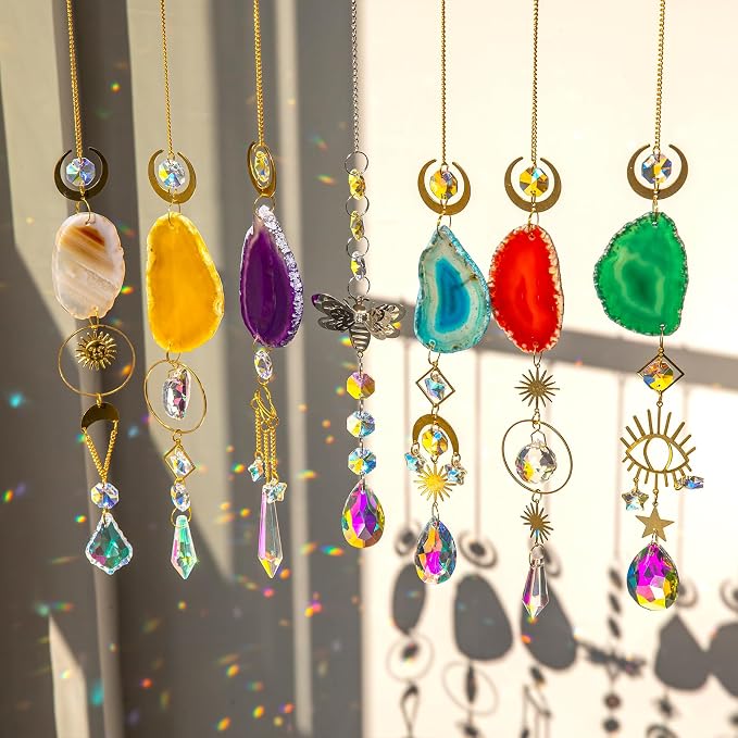 BlumWay Crystal Suncatcher, Hanging Suncatchers with Crystals Light, 7 PCS | Sun Catchers Indoor Window, Prism Pendants, Agate Slices, Tree of Life, Crystal Suncatchers Indoor Outdoor, Home Garden Decor