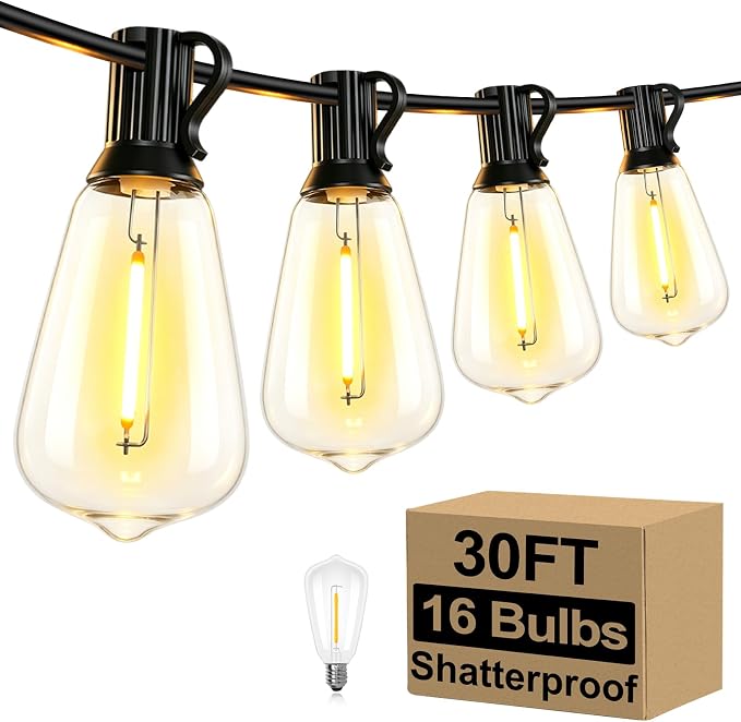 Brightever 30FT LED Outdoor String Light with 16 ST38 Vintage Edison Shatterproof Bulbs, Commercial Grade Patio Lights Connectable, Waterproof Hanging Lights for Balcony, Backyard, Warm White