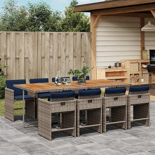 9 Piece Outdoor Dining Set with Cushions Grey Poly Rattan for Patio Garden Backyard, Space-Saving Folding Chairs, Acacia Wood Table, Weather-Resistant