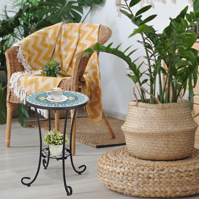 VCUTEKA Outdoor Side Table Mosaic Patio Table Accent Tables Mosaic Tile Top Metal Frame Small End Tables Porch Beach Patio Garden Balcony Green 14''